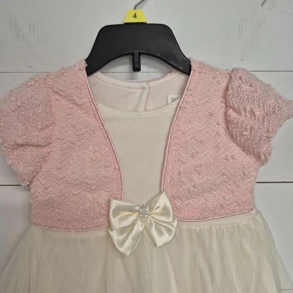 Nanette Baby Girls Pink & Ivory Dress 24M With Floral Rosette Skirt & Bow Accent - Picture 2 of 6
